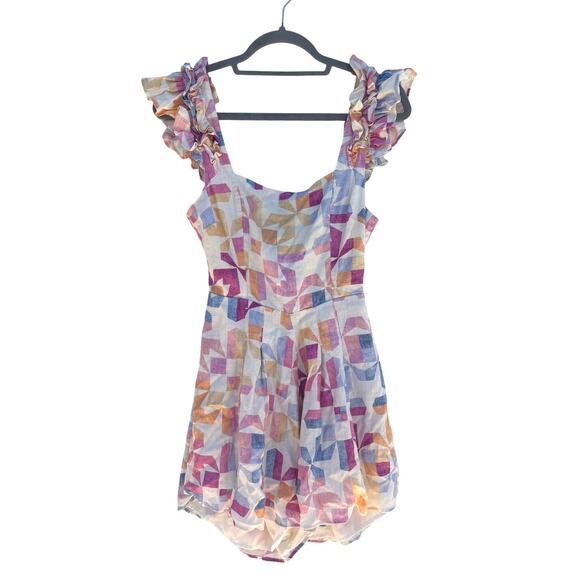 Yumi Kim Ruffle Sleeve Romper Geometric Print Tie Back Sleeveless Jumpsuit, Sz S - Picture 1 of 6
